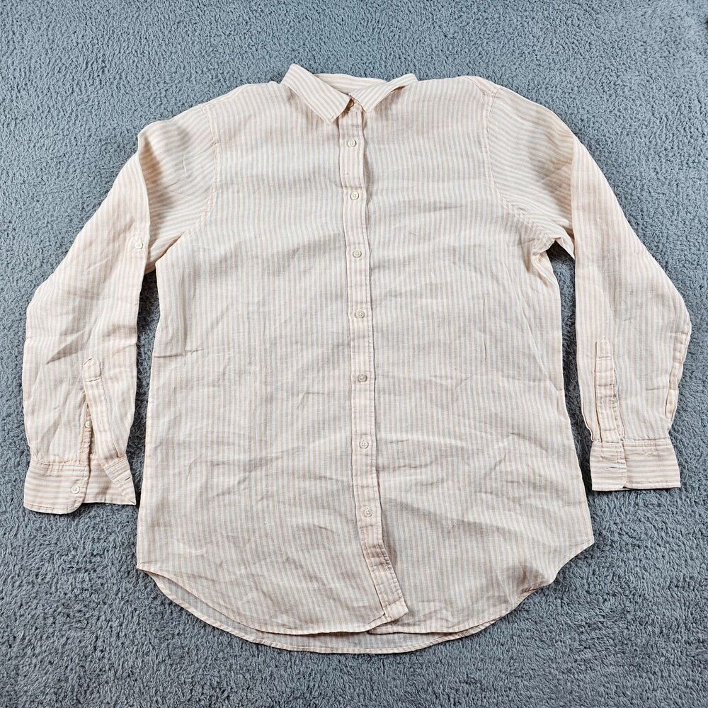 Lauren Ralph Lauren Shirt Women Large Peach Striped Linen Roll Tab Sleeve Casual